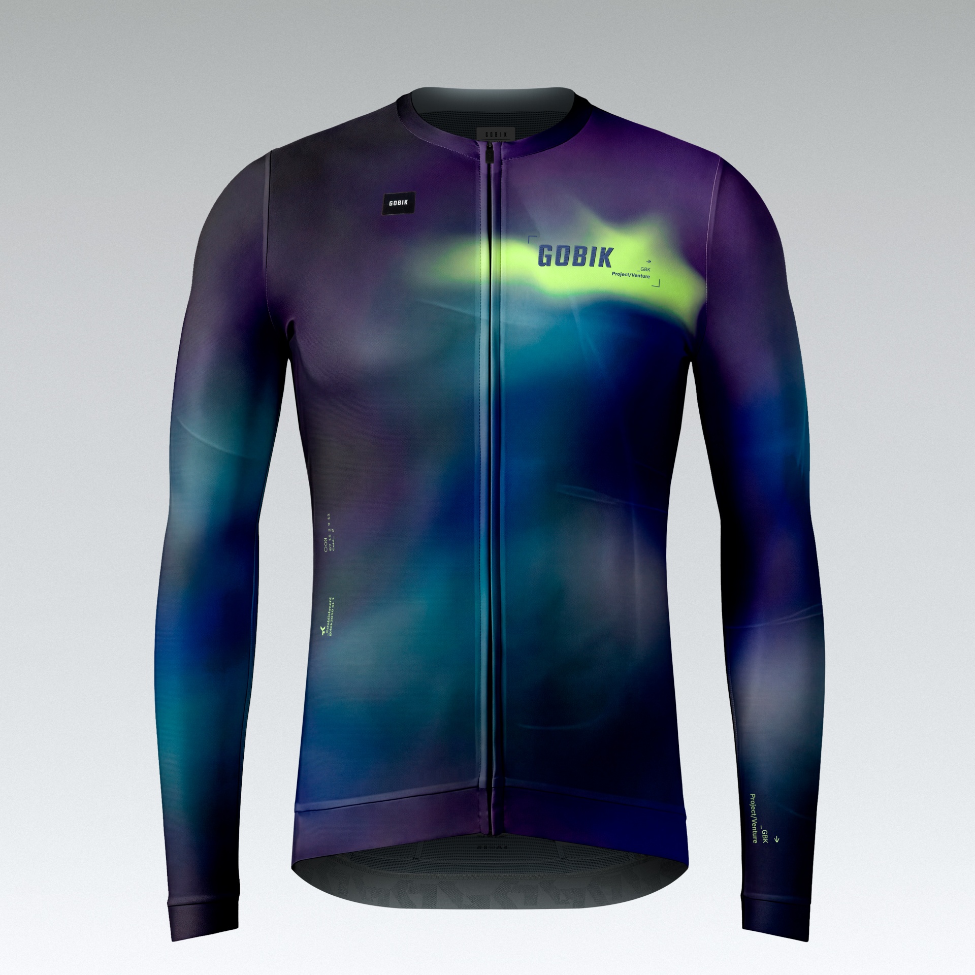 Camisola ciclismo manga comprida roxo azul verde com texto GOBIK