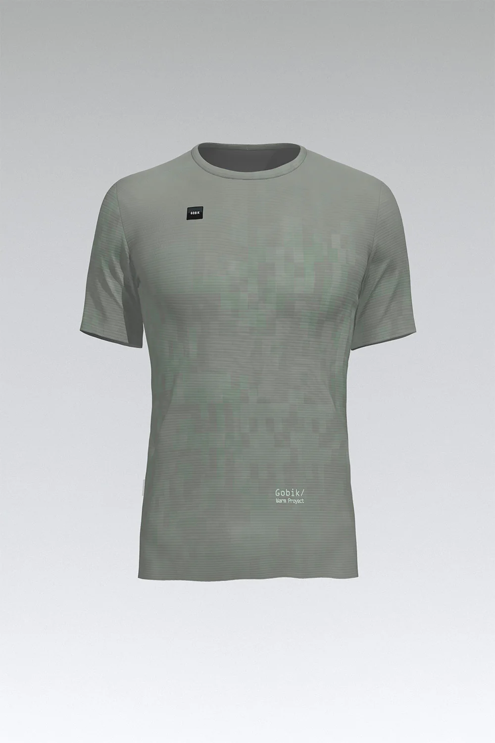 Camisola cinzenta de manga curta com gola redonda e logótipos brancos.