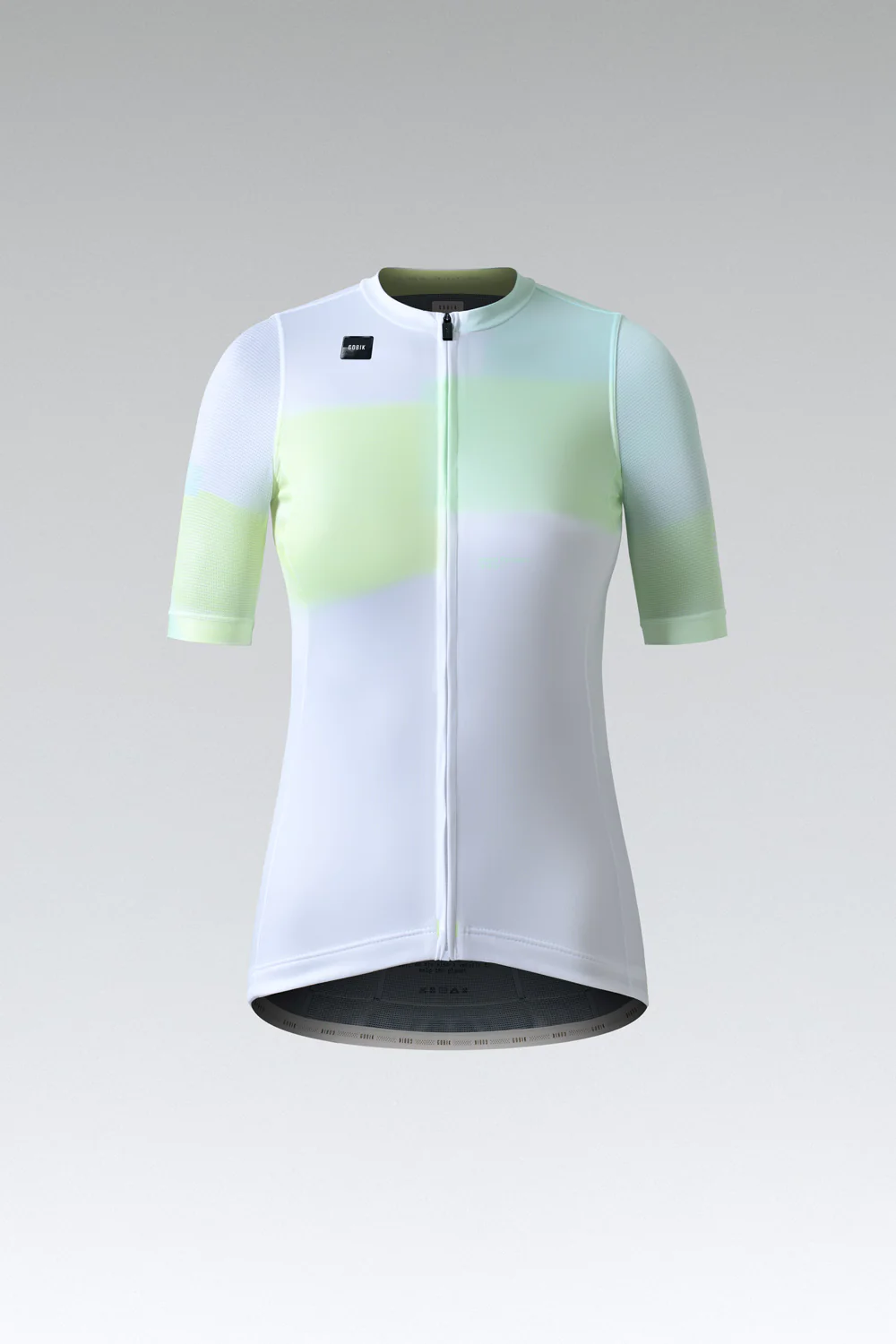 T-shirt desportiva branca e verde claro com fecho de zíper frontal