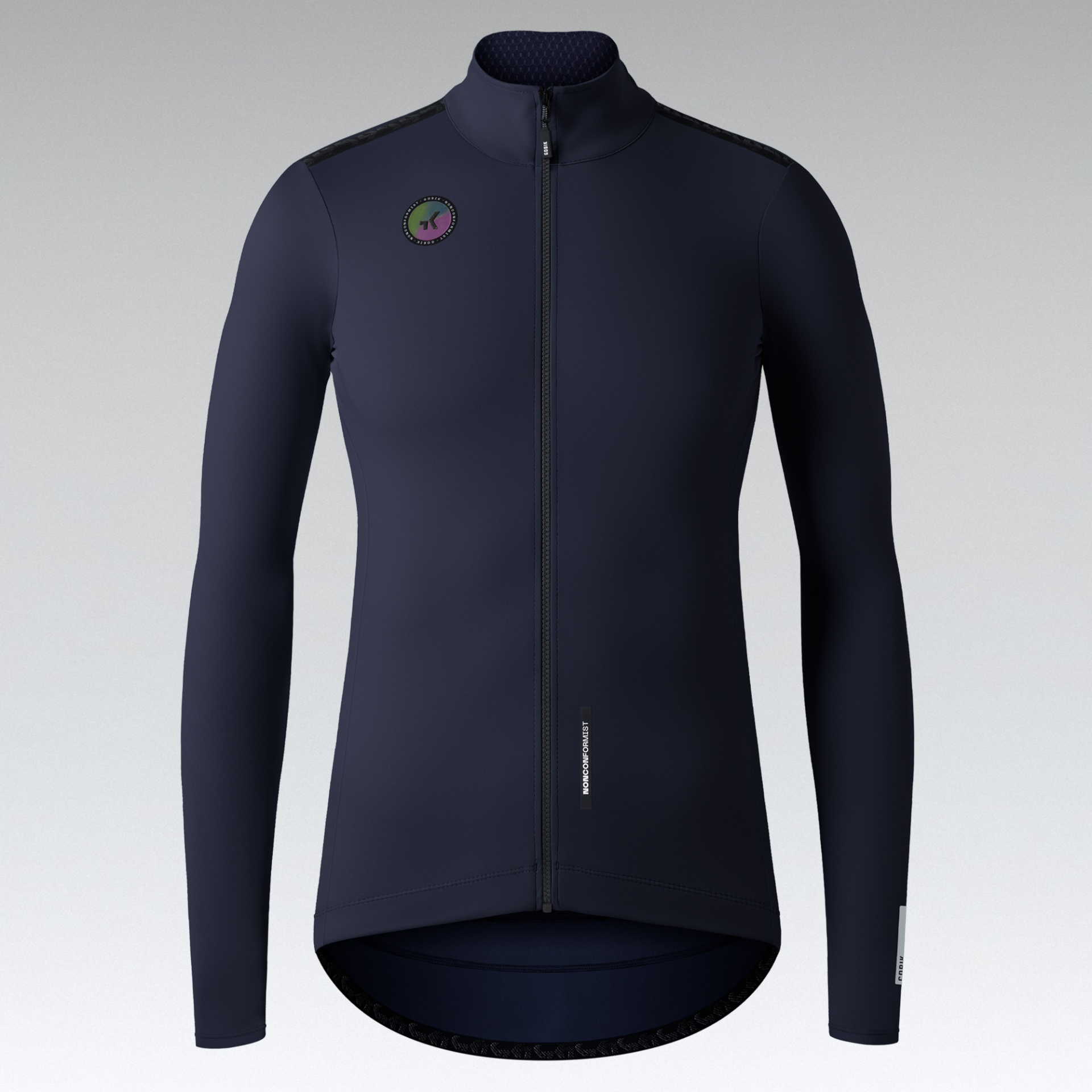 Camisola de ciclismo azul escuro de manga comprida com fecho frontal