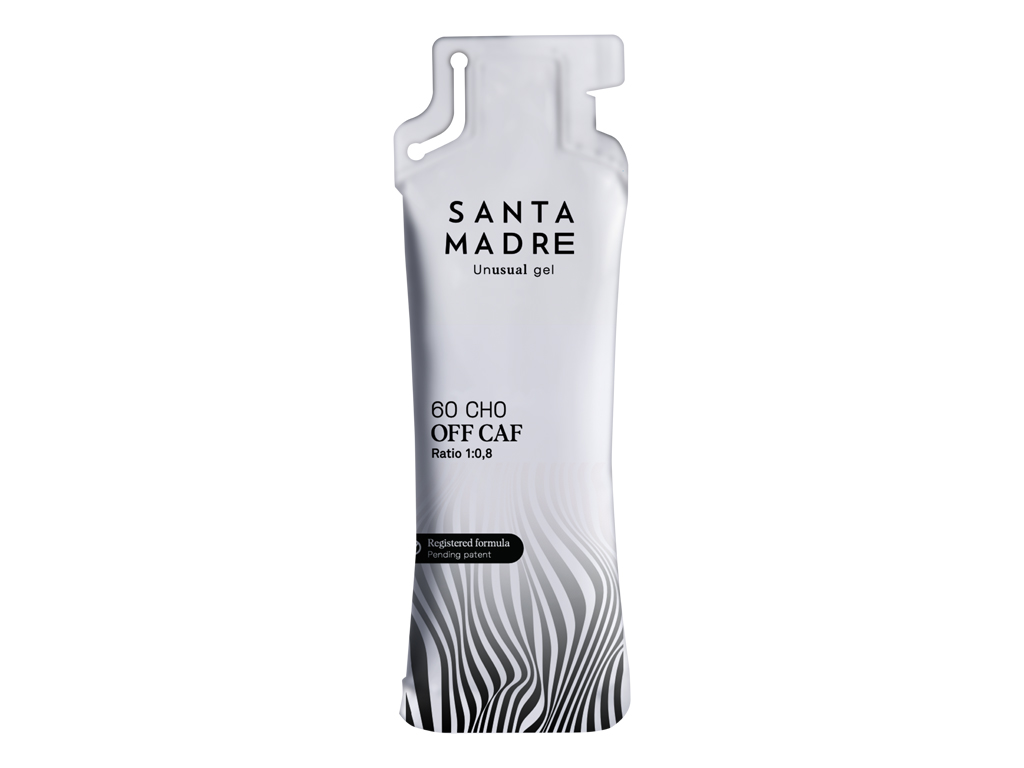 Embalagem de gel com padrão zebrado preto e branco e texto SANTA MADRE Unusual gel.