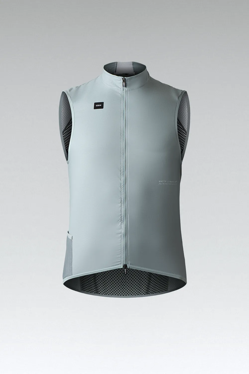 Colete cinza claro sem mangas com fecho de correr frontal