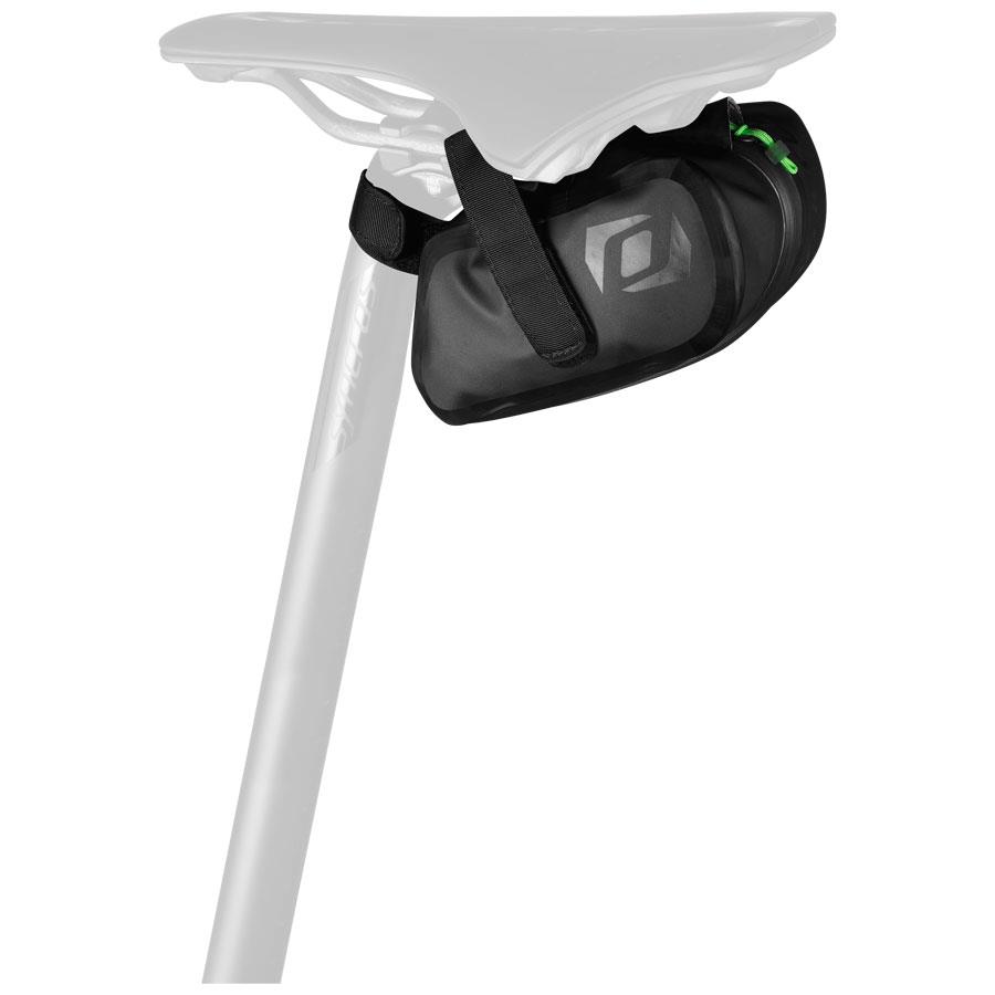 Saco preto para selim de bicicleta com tiras de velcro e logótipo cinzento