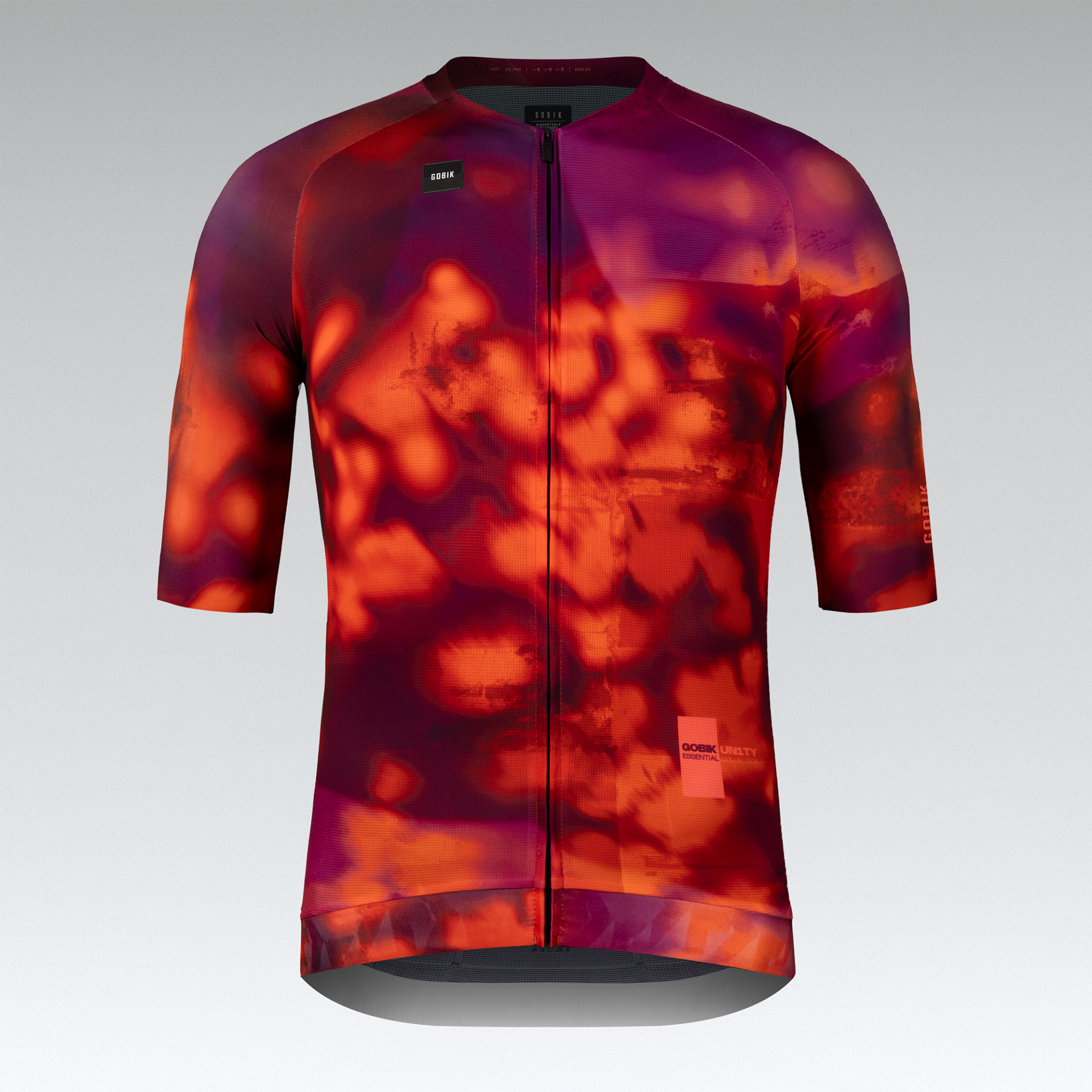 Camisola ciclista de manga curta com padrão abstrato em vermelho, laranja e roxo
