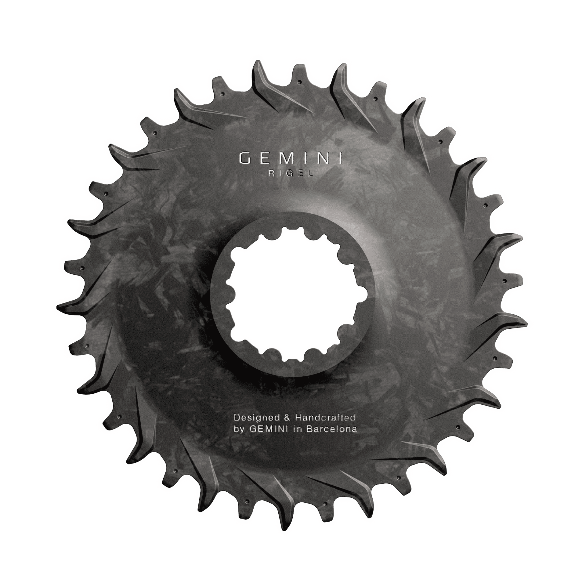 Disco preto para bicicleta com textura de carbono e texto GEMINI, RIGEL, desenhado e feito à mão em Barcelona