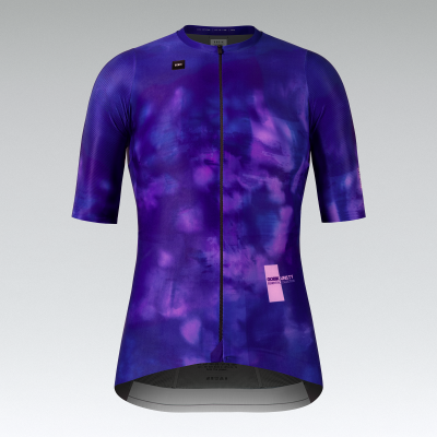Camisola de ciclismo azul e roxa com padrão nebuloso e fecho frontal