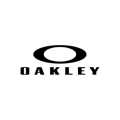 Logotipo preto da Oakley com símbolo oval e texto OAKLEY em fundo branco