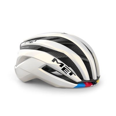 Capacete de ciclismo MET branco com detalhes pretos e faixa colorida