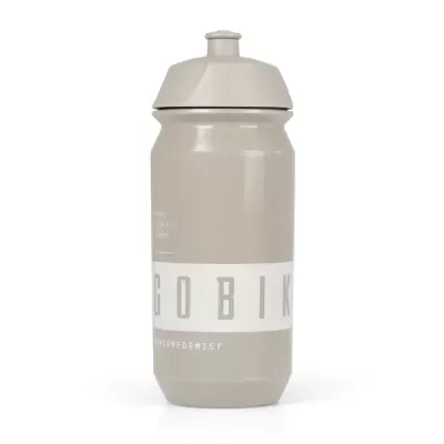 Garrafa de plástico bege com tampa e texto GOBIK e UNCONFORMIST