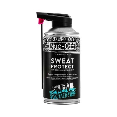 Spray anti-corrosão Muc-Off Sweat Protect com aplicador e texto em branco e azul