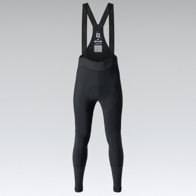 Calças de ciclismo pretas com alças e texto branco na parte traseira