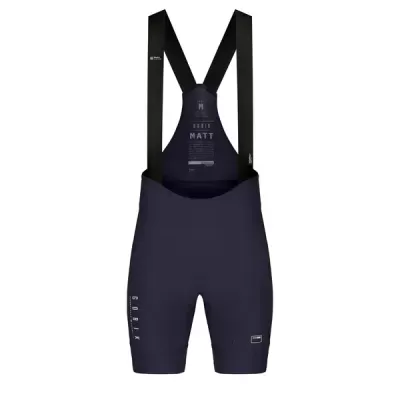 Calções de ciclismo azuis escuros com alças pretas e texto branco