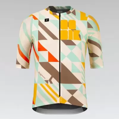 Camisola de ciclismo colorida com padrão geométrico e fecho preto frontal