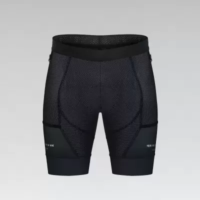 Calções desportivos pretos com texto branco e detalhe em várias texturas