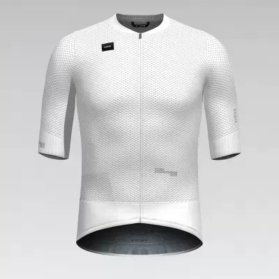 Camisola de ciclismo branca texturizada de manga curta com zíper e etiquetas pretas