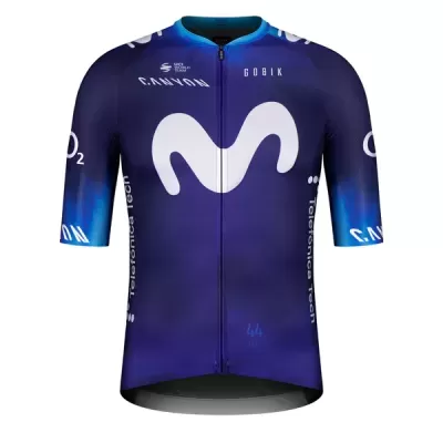Camisola de ciclismo azul escuro com logotipo branco da Movistar