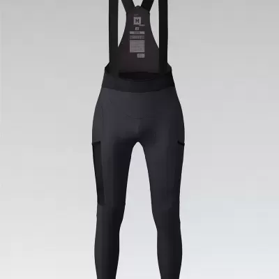 Calças de ciclismo pretas com tiras largas pretas e texto GOBIK GRIT