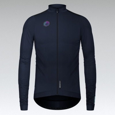 Casaco de ciclismo azul escuro com fecho frontal e logótipo no peito