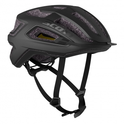Capacete de bicicleta preto com alças e interior cinzento e texto SCOTT