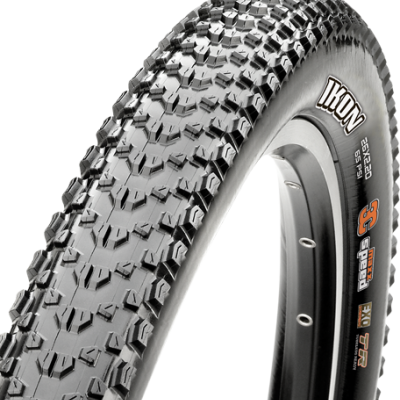 Pneu para bicicleta preto com padrão de cravos e textos IKON, 29x2.20, EXO TR, 3C MAXX PACE.