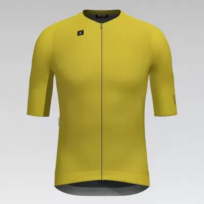 Camisola de ciclismo amarela com fecho e logo preto em fundo cinzento