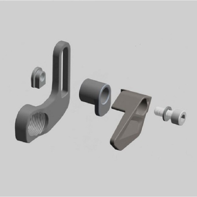 Conjunto de componentes metálicos em cinzento dispostos em linha sob fundo cinzento claro.