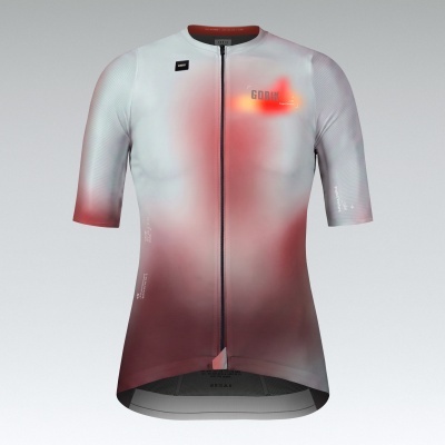 Camisola de ciclismo de manga curta branca e vermelha com fecho zipper frontal e logos GOBIK