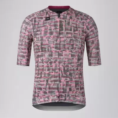 Camisola de ciclismo padrão geométrico cinza, preto, branco e rosa