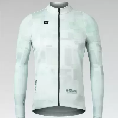 Camisola de ciclismo cinza claro com padrão geométrico e fecho preto