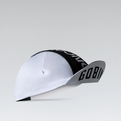 Boné de ciclismo branco e preto com inscrição GOBIK.