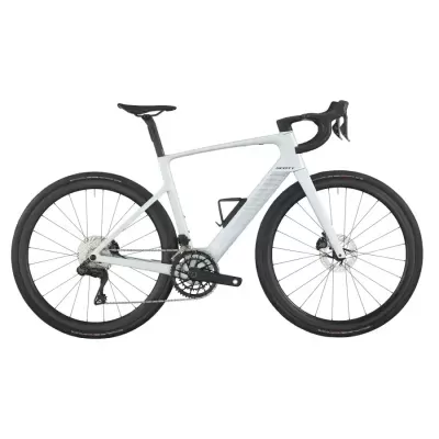 bicicleta de estrada SCOTT branca com rodas pretas e guiador curvo preto