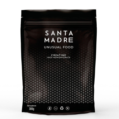 Embalagem preta de suplemento de creatina Santa Madre Unusual Food 300g