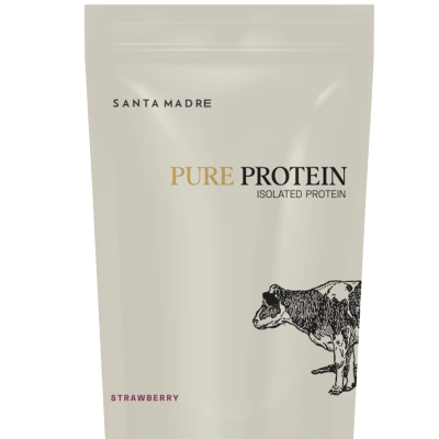 Embalagem creme de suplemento proteico Strawberry com texto e desenho de vaca