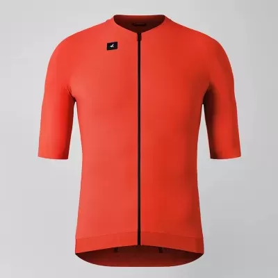 T-shirt desportiva de ciclismo vermelha com fecho preto e logótipo no peito
