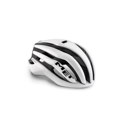 Capacete de ciclismo branco e preto com o logo MET