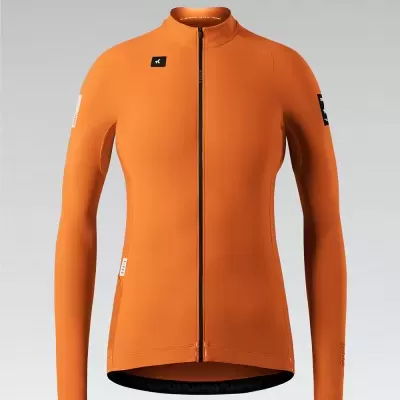 Casaco desportivo laranja com fecho preto e detalhes em preto e branco