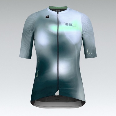T-shirt de ciclismo cinza e azul com texto GOBIK e detalhes em tecido tecnológico