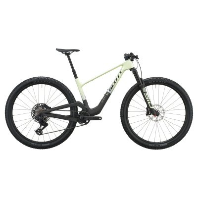 Bicicleta de montanha SCOTT preto e verde-claro com pneus Maxxis Aspens e suspensão RockShox SID