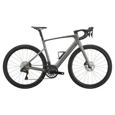 Bicicleta de estrada elétrica cinza fosco com pneus e assento pretos