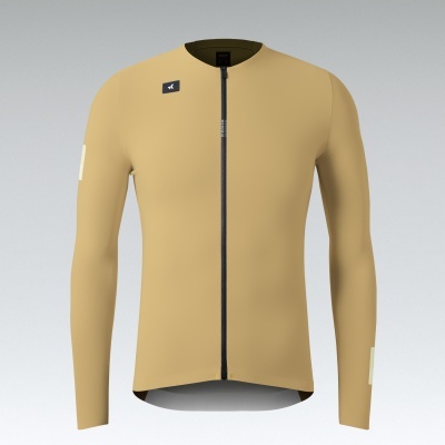 Camisola de ciclismo bege com fecho preto e logótipos.
