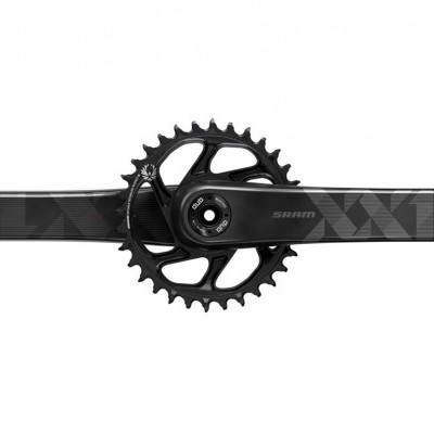 Pedaleira preta de bicicleta com coroa e texto SRAM XX1