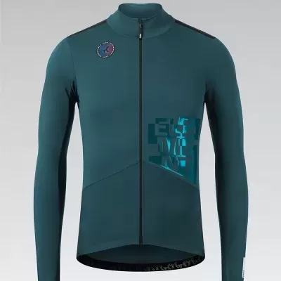 Camisola desportiva verde-escuro com fecho, padrão azul refletor e emblema