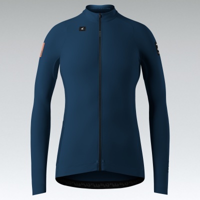 Casaco azul escuro com fecho de zíper frontal preto