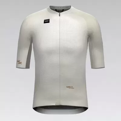 Camisola ciclismo branca de manga curta com texto e logótipos