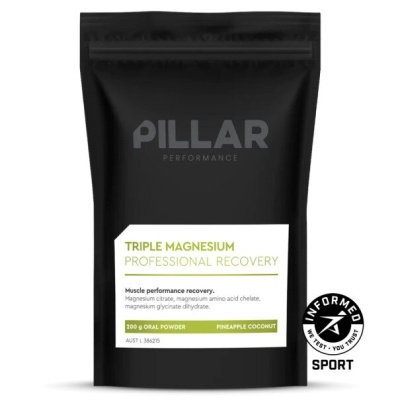Saco preto de suplemento em pó PILLAR PERFORMANCE TRIPLE MAGNESIUM PROFESSIONAL RECOVERY sabor PINEAPPLE COCONUT