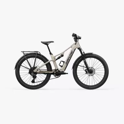 Bicicleta elétrica AMFLOW bege e preta com pneus grossos e suspensão