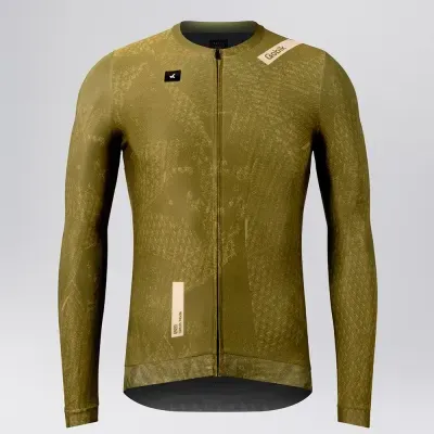 Camisola ciclismo verde-oliva de manga comprida com fecho frontal e logo Gobik no ombro