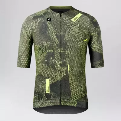 Camisola técnica de ciclismo verde-limão e preto com padrão abstrato e fecho frontal.