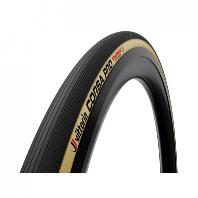 Pneu de bicicleta preto com banda lateral bege e texto Vittoria CORSA PRO GRAPHENE 2.0