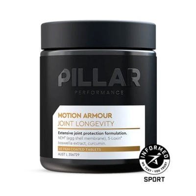 Frasco preto PILLAR PERFORMANCE MOTION ARMOUR JOINT LONGEVITY com selo INFORMED SPORT